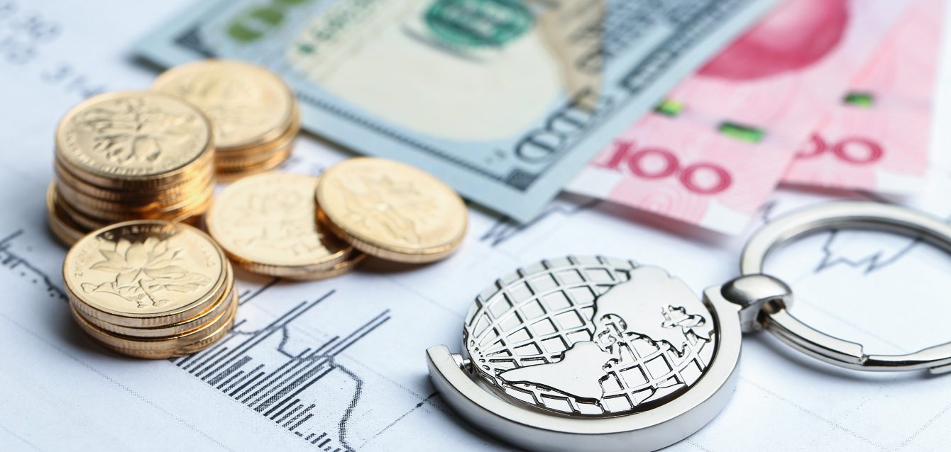Coins, paper money and globe on white Statistic form background