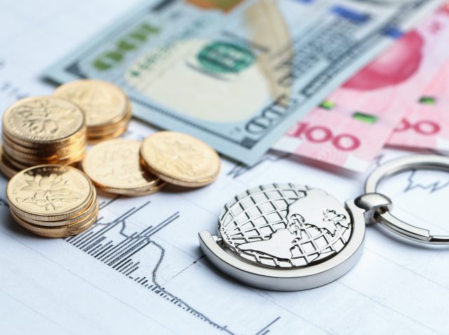Coins, paper money and globe on white Statistic form background