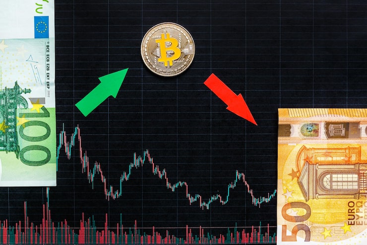 unprofitable-investment-virtual-money-bitcoin-green-red-arrow-silver-bitcoin-euro-go-down-black-paper-forex-chart-index-rating-market-background-concept-depreciation-cryptocurrency_97694-2455